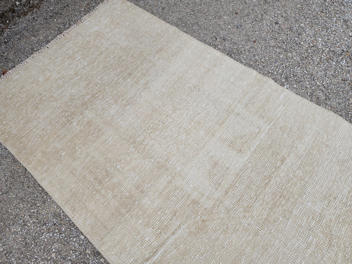 Beige Wool Runner Rug 2x11: Hand Knotted Turkish Geometric Hallway Rug