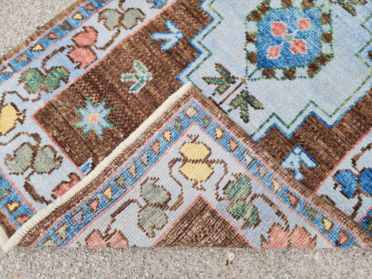 Handwoven 3x5 Oushak Rug: Turkish Wool, Brown & Blue Floral