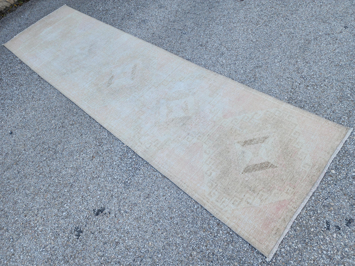 2x11 Neutral Turkish Oushak Runner Rug: Hand-Knotted Rustic Decor
