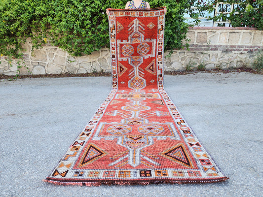 Vintage Herki Rug 2.7x11.2 ft, Pastel Color Up Cycled Wool, Eco Friendly, Gift For Mom