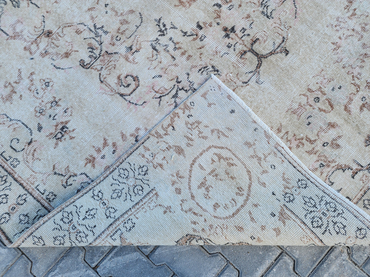Muted Ivory Turkish Wool Rug 6x10: Semi Antique Neutral Rug