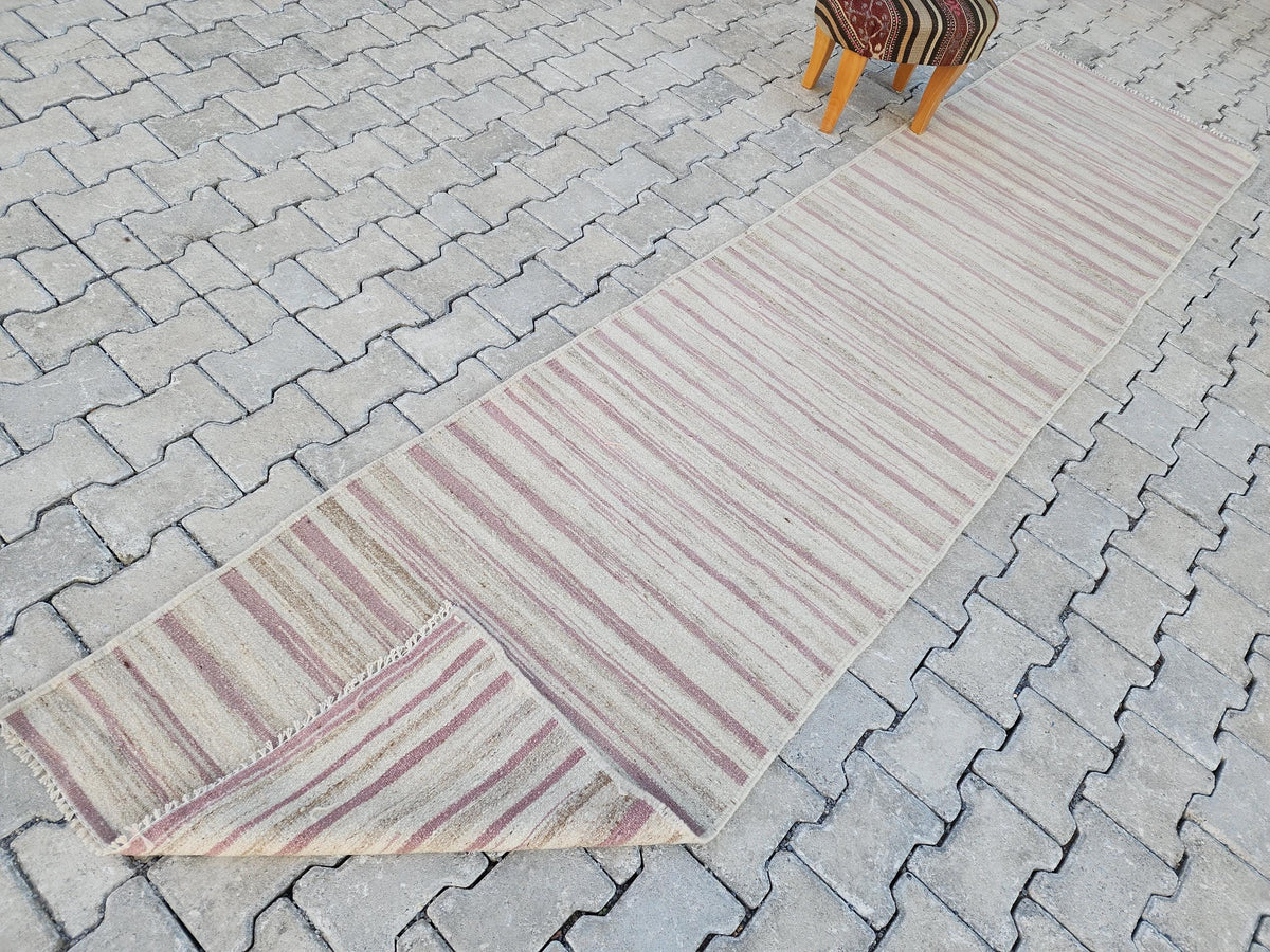 Soft Neutral Turkish Kilim Runner Rug: 2.7x11 Handwoven Wool