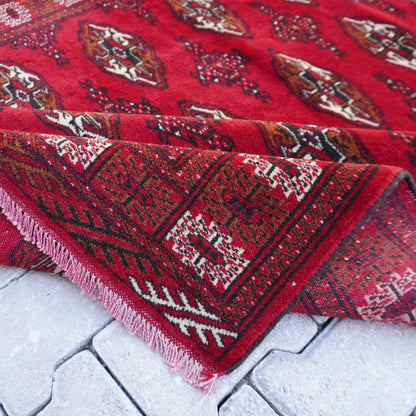 4x6 Vintage Turkmen Rug: Hand-Knotted Wool, Red Accent Rug