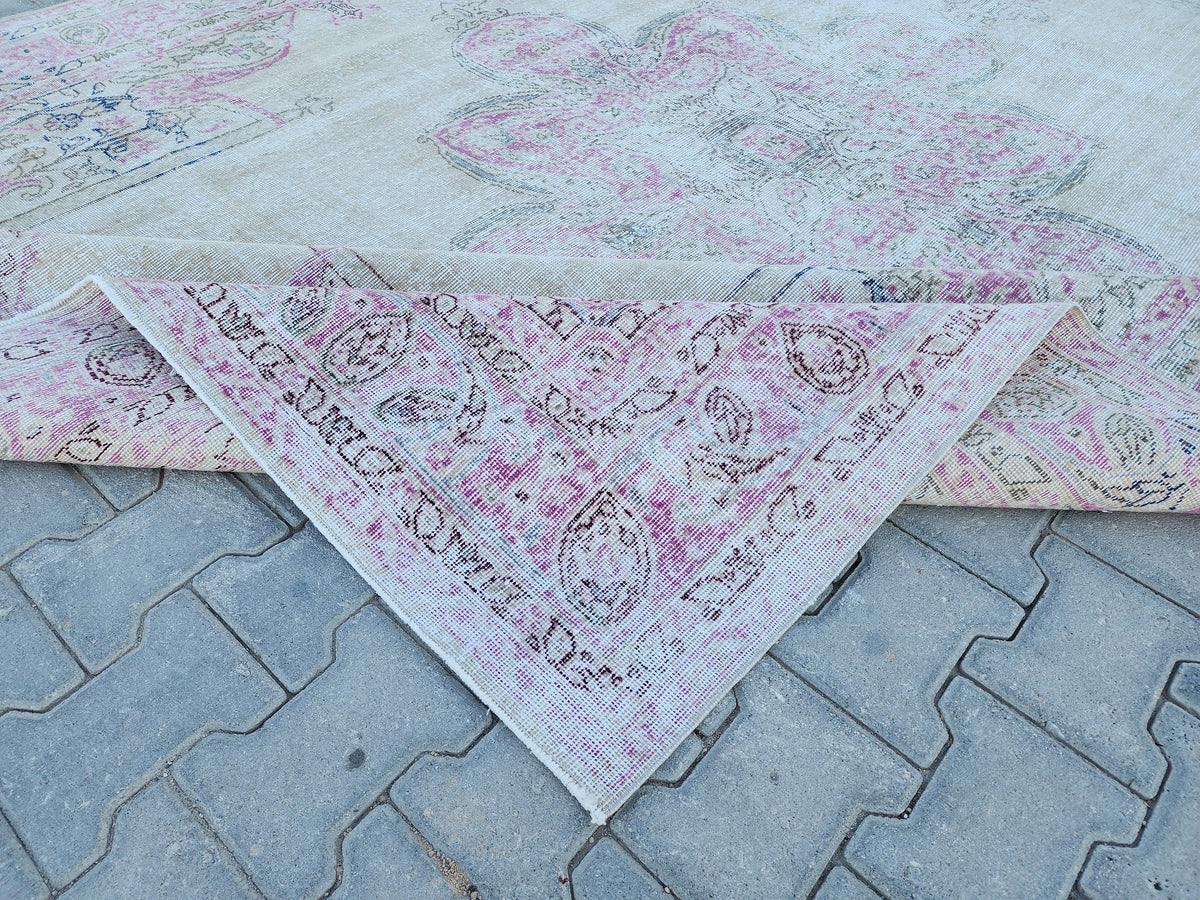 8x11 Vintage Oushak Rug: Pink Wool Turkish Rug