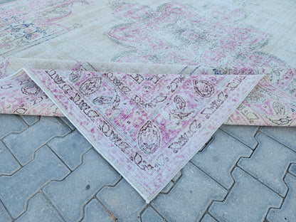 8x11 Vintage Oushak Rug: Pink Wool Turkish Rug
