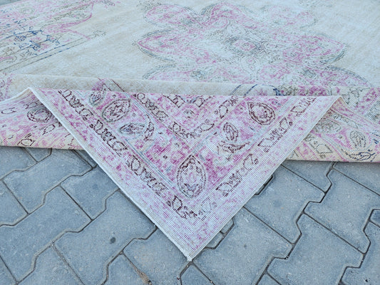 8x11 Vintage Oushak Rug: Pink Wool Turkish Rug