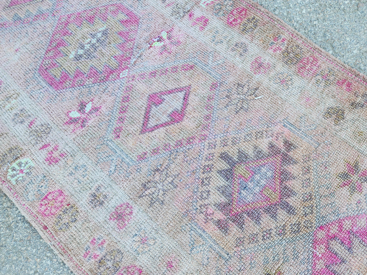 Turkish Runner Rug 2.7x11.2 ft, Soft Wool Pink Color, Hallway Rustic Decor
