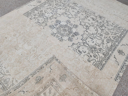 Beige Vintage Rug, 9×12, Hand-Knotted Oriental, Traditional Turkish Living Room Carpet
