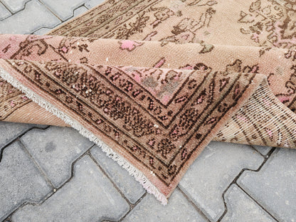 4x10 Wool Runner Rug: Vintage Hand Knotted Beige, Pink, and Brown Floral Design