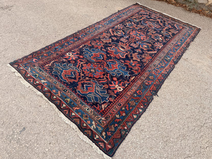 4x9 Antique Rug, 1920s Handwoven Wool Carpet, Patina Blue Collectible Tribal Rug