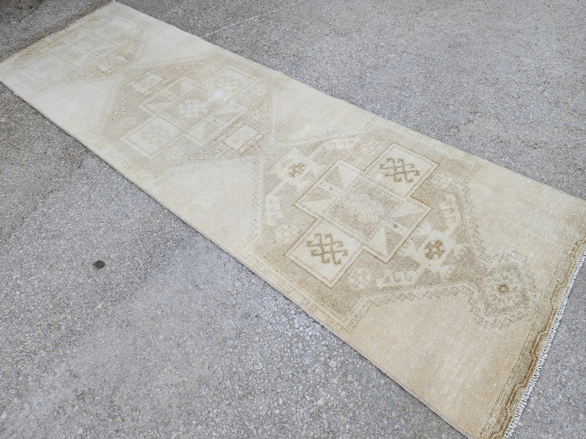 Hand Made Runner Rug 2.6 x 8.8 ft , Oriental Boho Decor, Turkish Rustic Wool Carpet