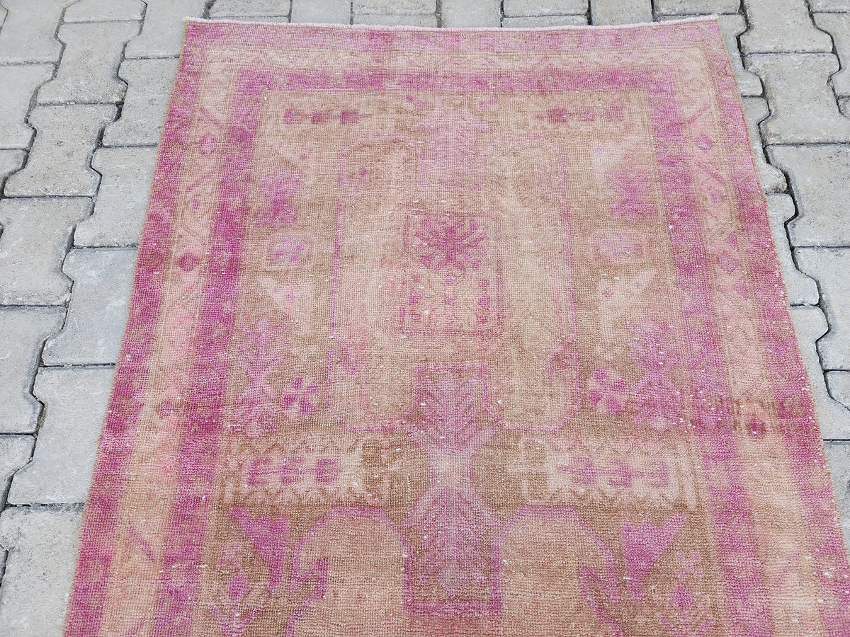 3x11 Pink Wool Turkish Runner Rug: Hand Knotted Bohemian Hallway Decor