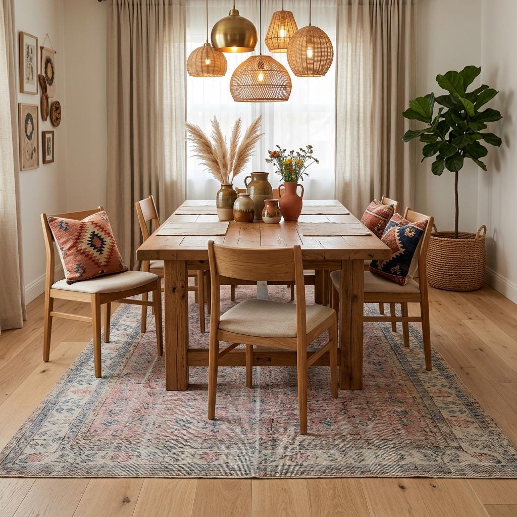 7x10 Neutral Area Rug, Dining Room Decor, Faded Red Rustic Design