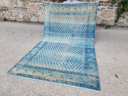 Handwoven Turkish Wool Rug 4x7: Blue Rustic Farmhouse Decor