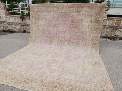 Vintage Hand Knotted Wool Rug 9×12 ft, Beige Geometric Oriental Persian Traditional Carpet