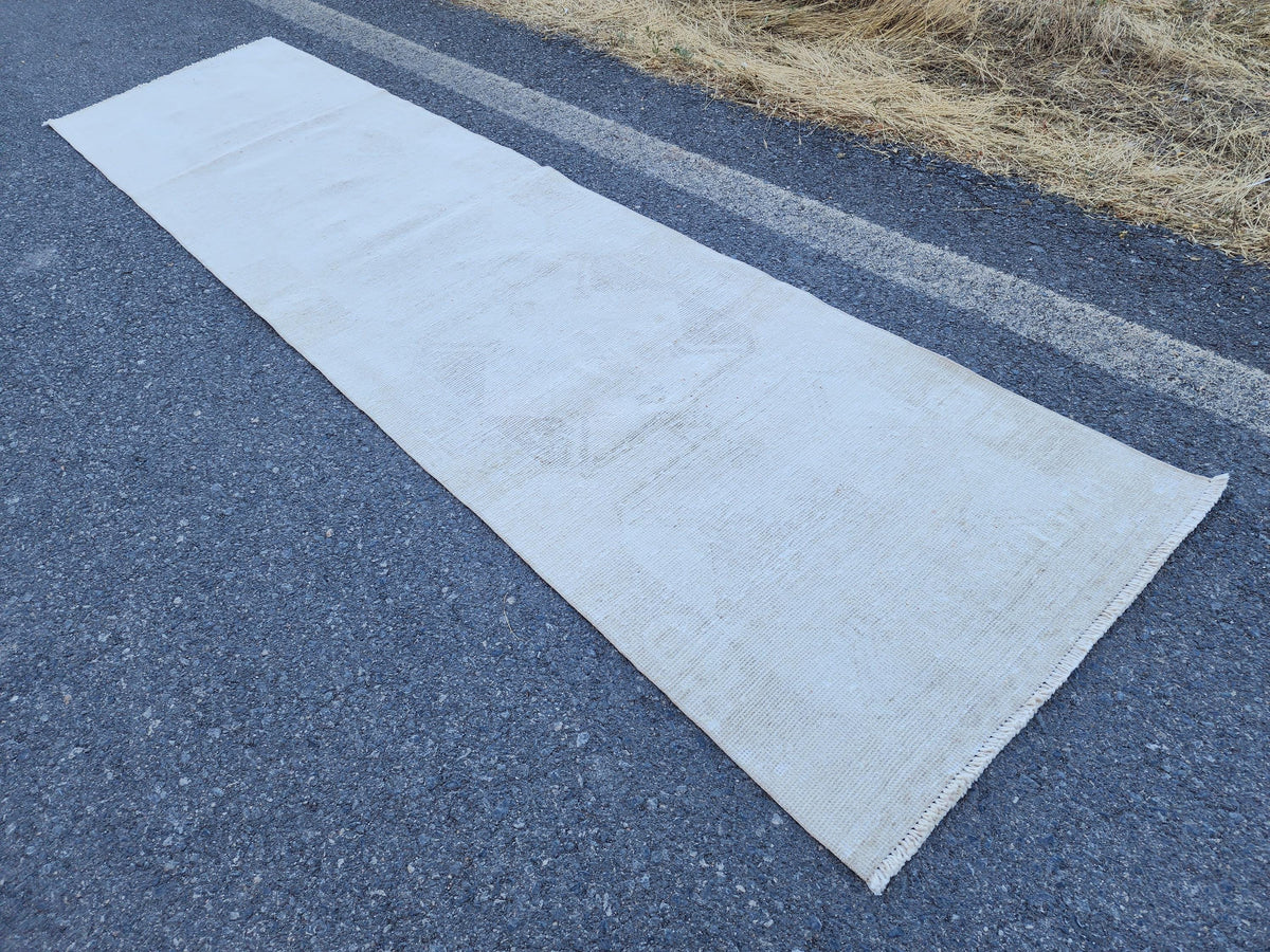 3x12 Neutral Runner Rug, Turkish Hand Knotted, Up Cycled Wool, Kitchen Decor