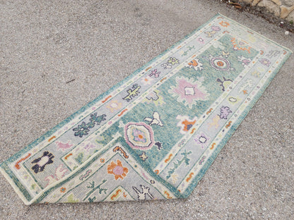 2x7 Green Oushak Runner Rug, Eco Friendly Rug, Up Cycled Wool, Kitchen Decor