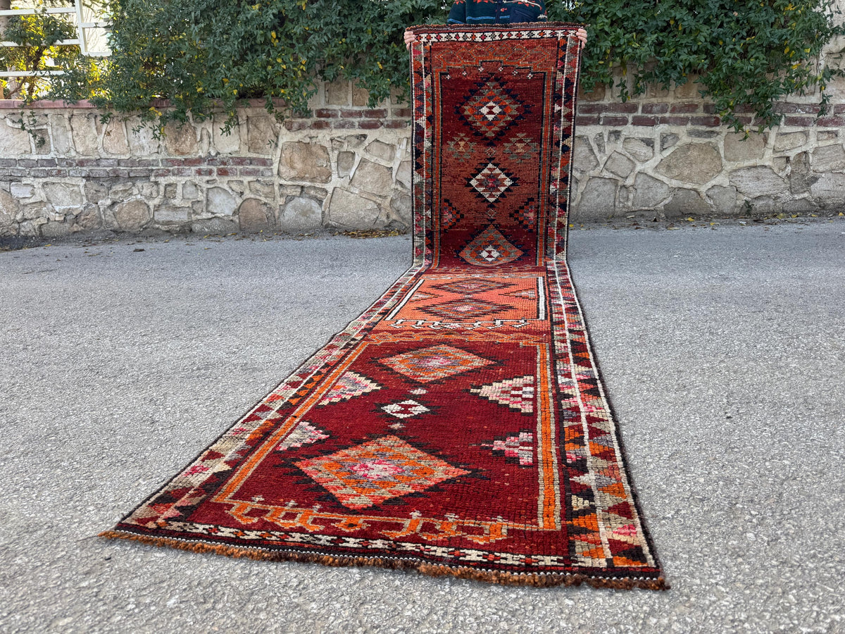 2x11 Runner Rug: Vintage Wool in Maroon and Orange with Geometric Tribal Pattern