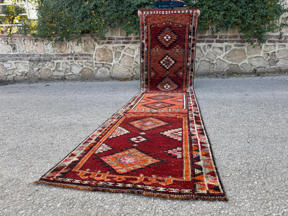 2x11 Runner Rug: Vintage Wool in Maroon and Orange with Geometric Tribal Pattern