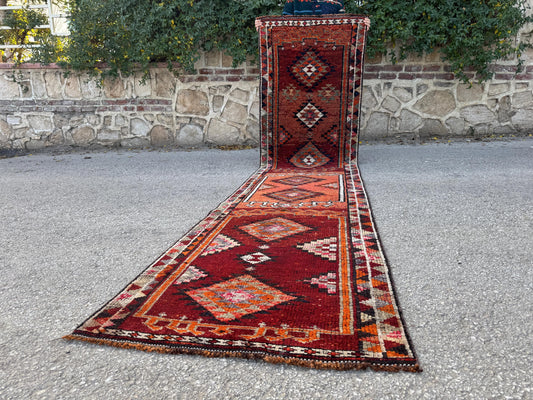 2x11 Runner Rug: Vintage Wool in Maroon and Orange with Geometric Tribal Pattern