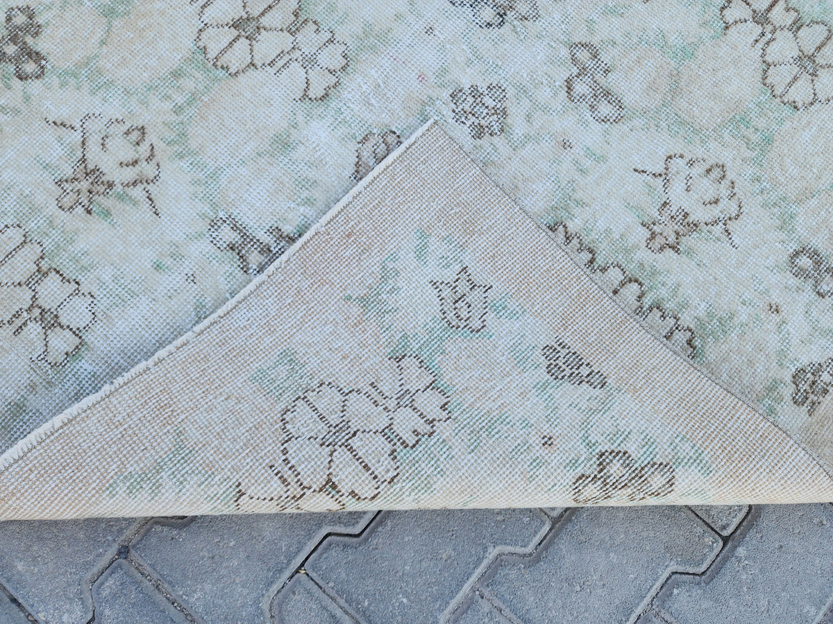 Handwoven Turkish Oushak Rug 4x6: Green Wool & Cotton Vintage Rug