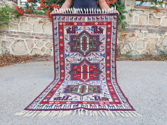 2x5 Vintage Soumak Rug, Wool Red Hand Made Carpet, Bohemian Farmhouse Decor