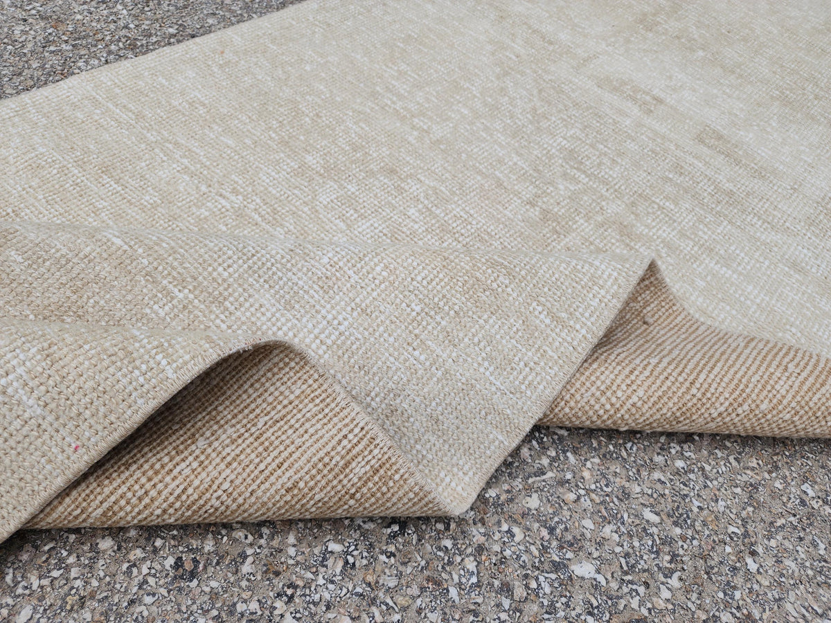 Beige Wool Runner Rug 2x11: Hand Knotted Turkish Geometric Hallway Rug