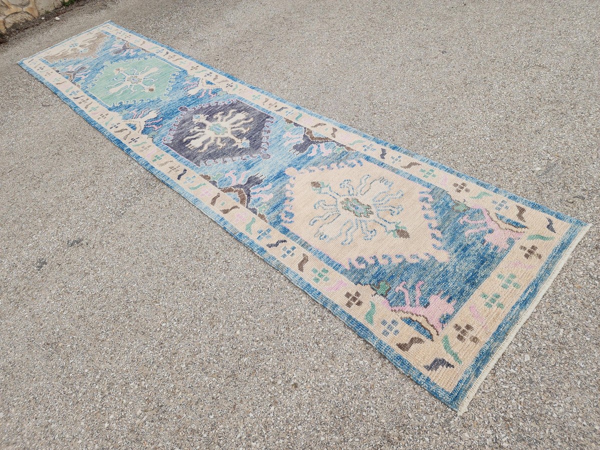 3x13 Oushak Runner Rug, Soft Blue Wool Turkish Hand Made, Rustic Hallway Decor