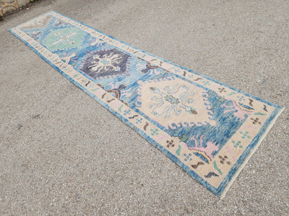 3x13 Oushak Runner Rug, Soft Blue Wool Turkish Hand Made, Rustic Hallway Decor