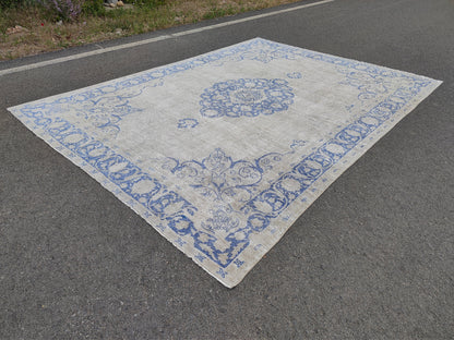 9x13 Blue Medallion Turkish Oushak Rug: Hand-Knotted Wool Vintage Rug