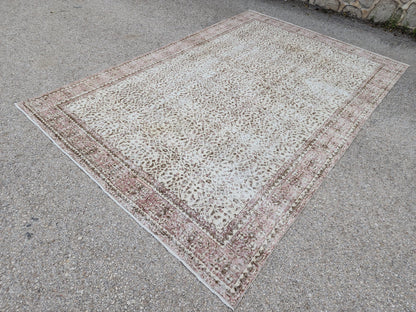 Handmade Oushak Wool Rug 7x10: Vintage Turkish Beige Carpet
