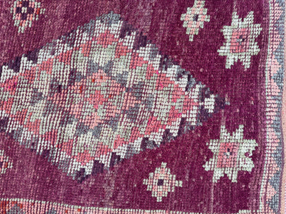 2x8 Tribal Medallion Runner: Handwoven Turkish Wool Purple and Red with Geometric Motifs