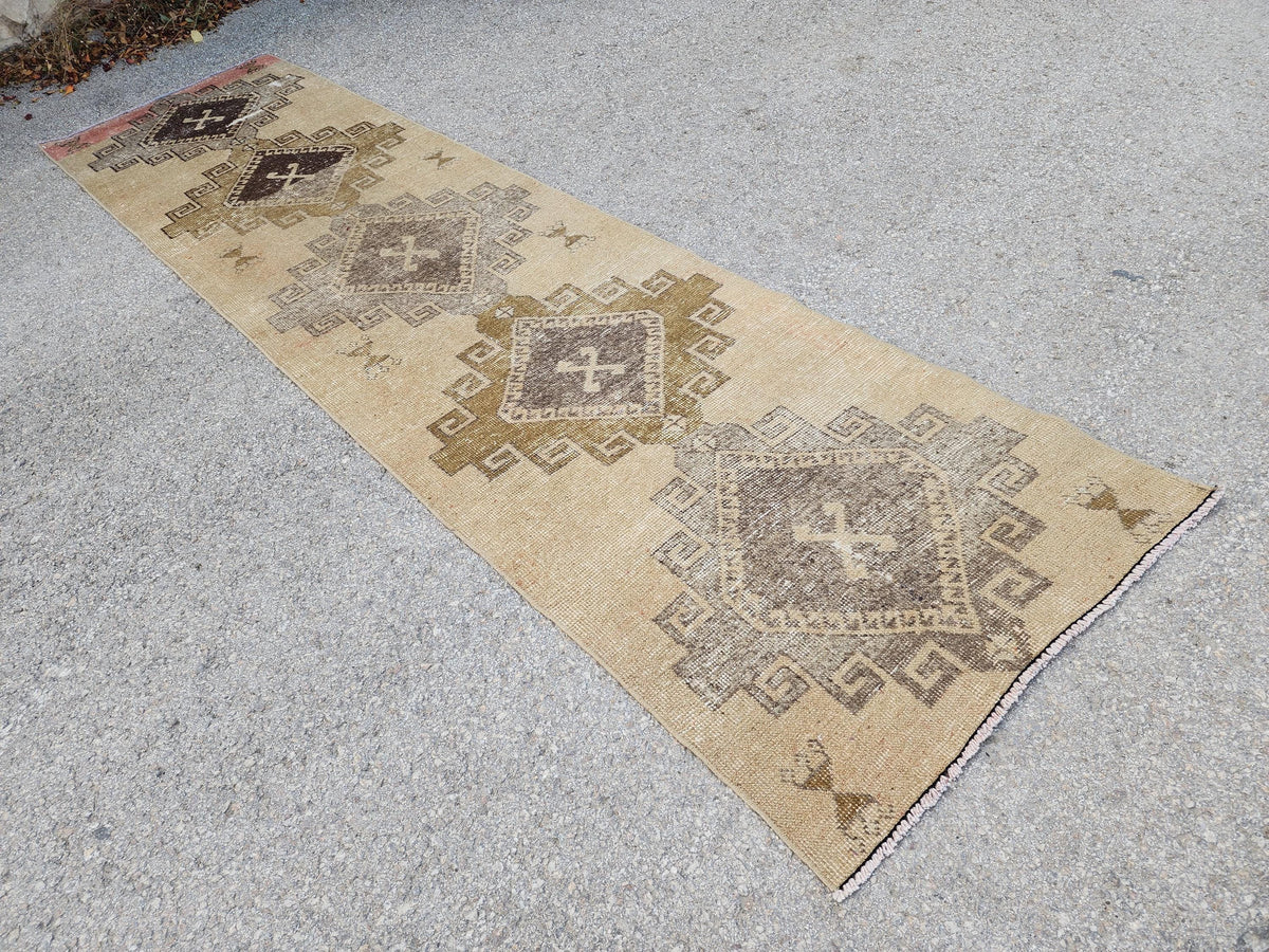 Neutral Wool Runner Rug 2.7x11 ft, Turkish Hand Knotted Beige and Brown, Home Kitchen Decor