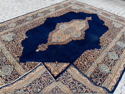 10x13  Vintage Wool Rug, Hand Knotted Turkish Oriental, Neutral Blue Carpet
