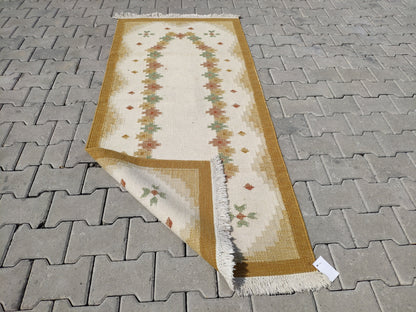 Eclectic Kilim Rug 3x6: Beige Turkish Handmade Rug