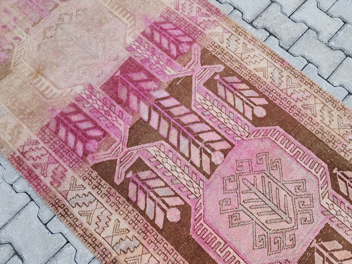 3x11 Pink Wool Runner Rug, Hand-Knotted Hallway & Entryway Rug, Neutral Boho Decor