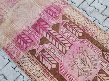 3x11 Pink Wool Runner Rug, Hand-Knotted Hallway & Entryway Rug, Neutral Boho Decor