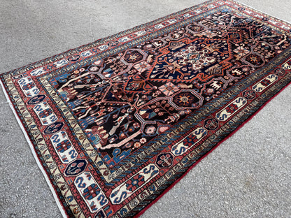 Antique Heriz Rug 5x10: Soft Wool Hand Knotted, Navy and Faded Red