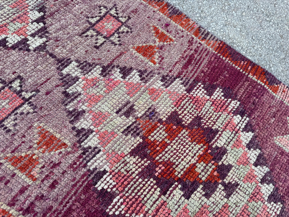 2x8 Tribal Medallion Runner: Handwoven Turkish Wool Purple and Red with Geometric Motifs