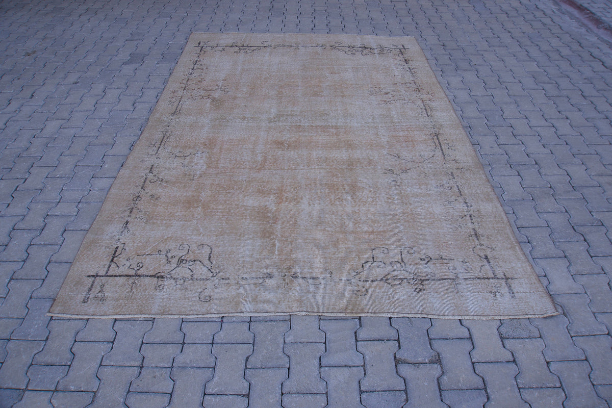 7x9 Handwoven Turkish Oushak Rug: Tan Bohemian Wool & Cotton