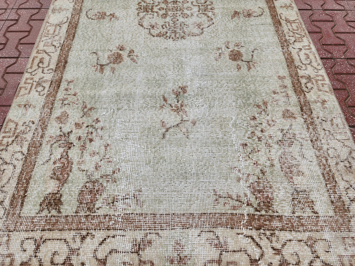 Handwoven Turkish Oushak Rug 4x7: Neutral Wool Bohemian Rug