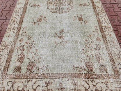 Handwoven Turkish Oushak Rug 4x7: Neutral Wool Bohemian Rug