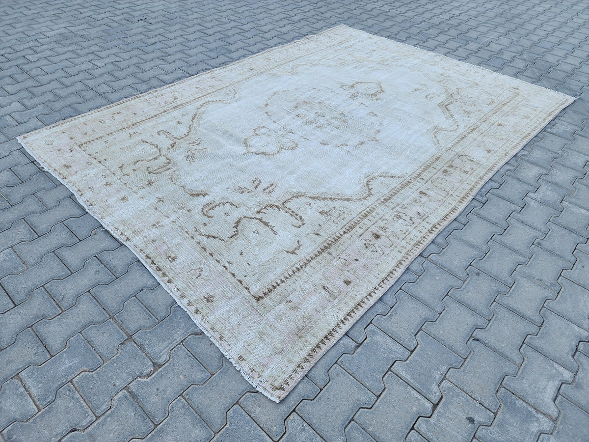 6x9 Wool Neutral Rug, Beige and White Wool Hand Made, Dining Room Decor