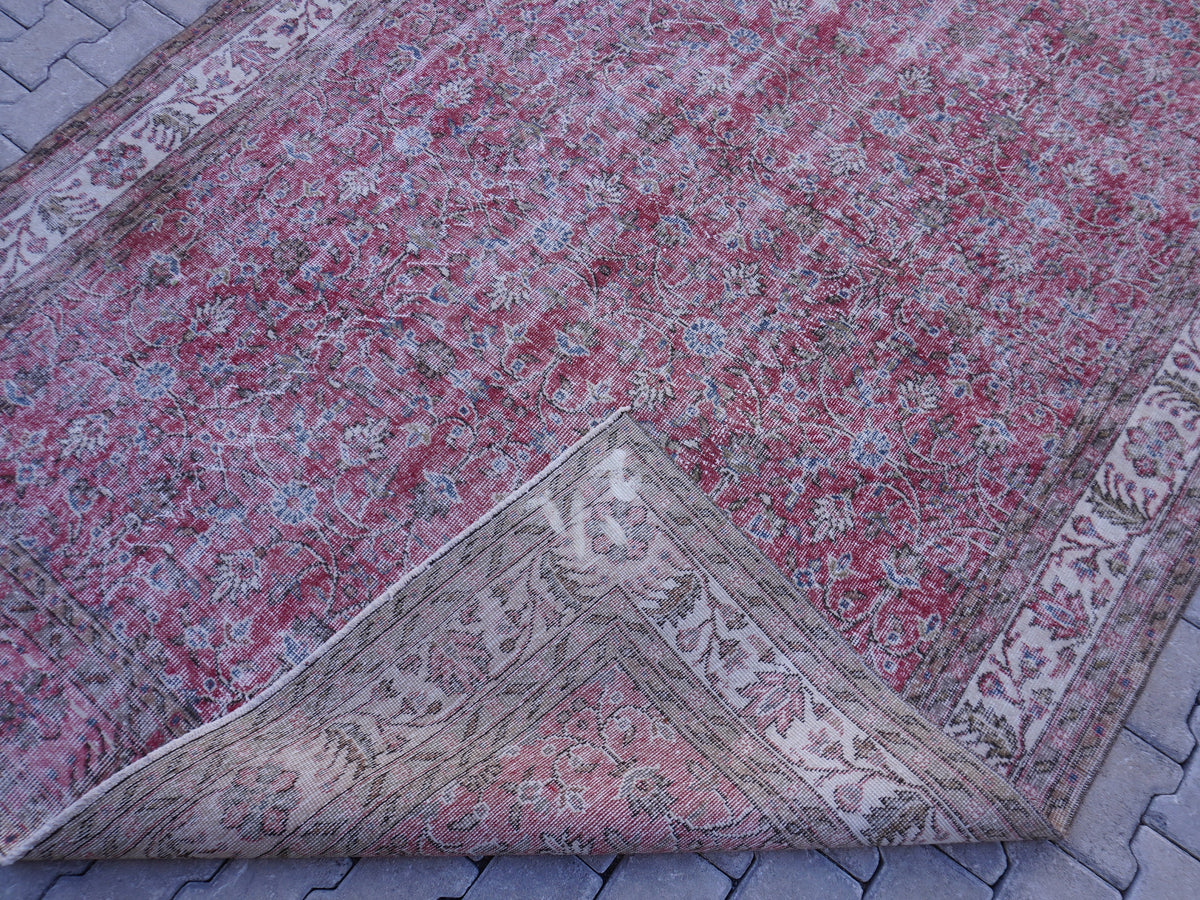 Vintage Turkish Oushak Rug 7x10: Handwoven Wool & Cotton Faded Red Rug