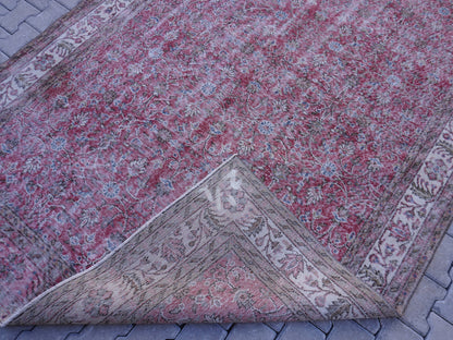Vintage Turkish Oushak Rug 7x10: Handwoven Wool & Cotton Faded Red Rug