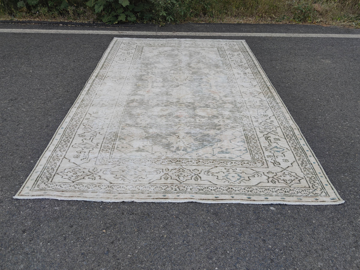 6x10 Hand Knotted Wool Rug: Neutral Green Mid-Century Decor