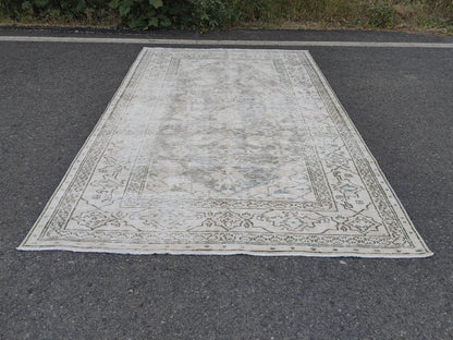 6x10 Hand Knotted Wool Rug: Neutral Green Mid-Century Decor