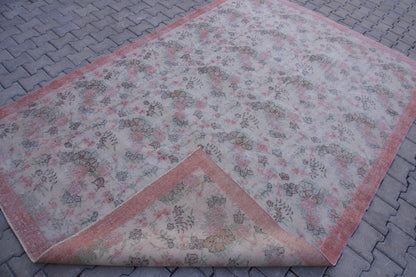 7x10 Neutral Rug, Hand Woven Beige and Faded Red Wool, Living Room Decor
