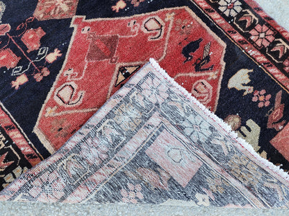Vintage Wool Runner Rug: Animal Design, Navy Blue and Faded Red
