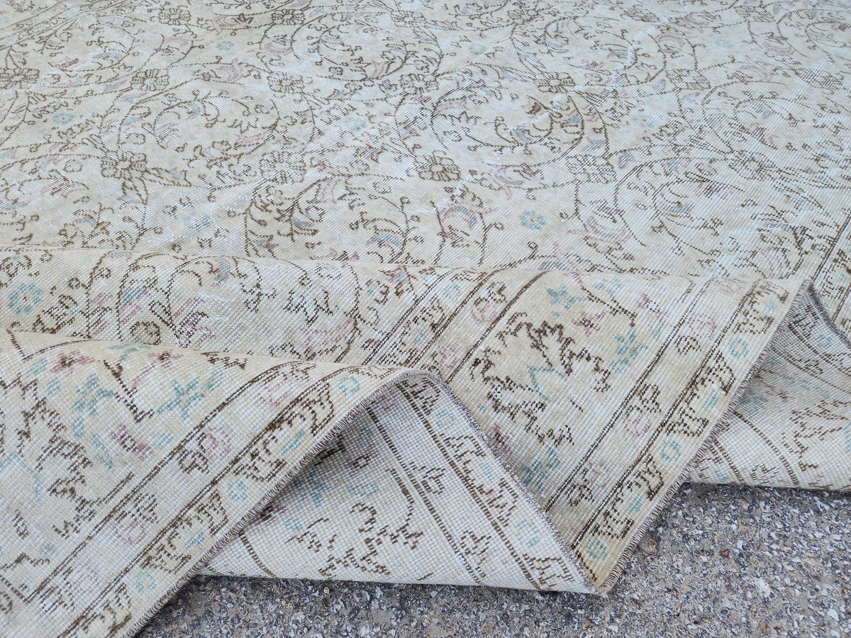 7x10 Vintage Oushak Rug: Hand-Knotted Wool, Distressed Beige Carpet